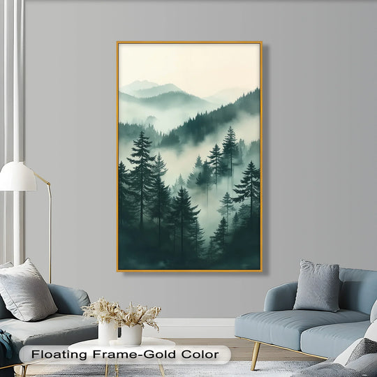 The darkest area shows depth in this Hudson River oil painting reproduction print with a misty forest landscape and fog-shrouded pine trees in an atmospheric composition.