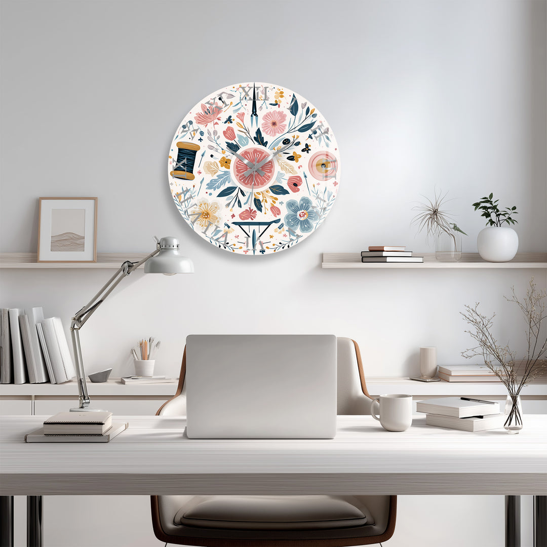 Floral Sewing Glass Wall Clock – Craft Room Decor
