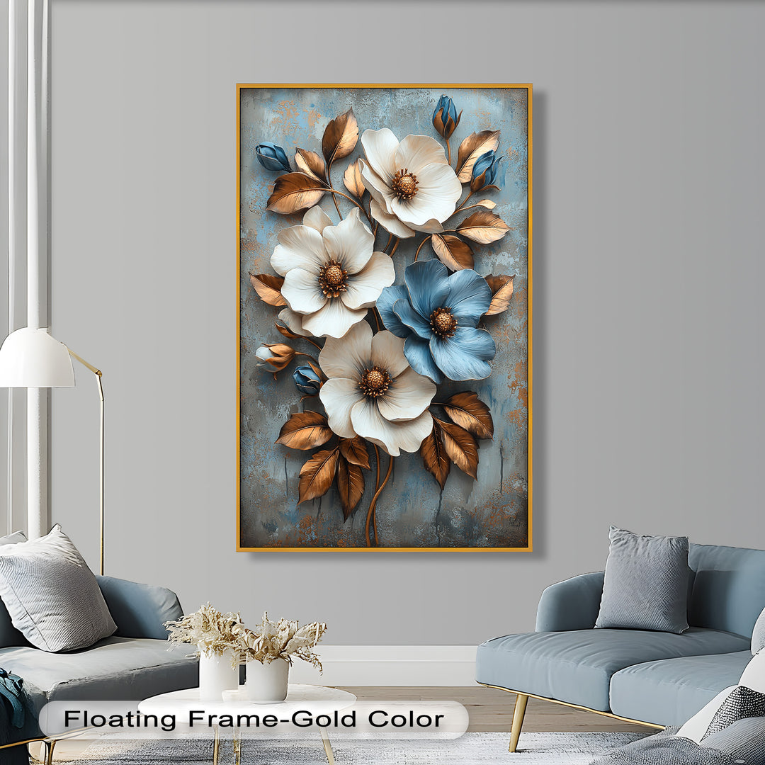 Gilded Petals – Luxuriöses Ölgemälde mit weißen und blauen Blumen
