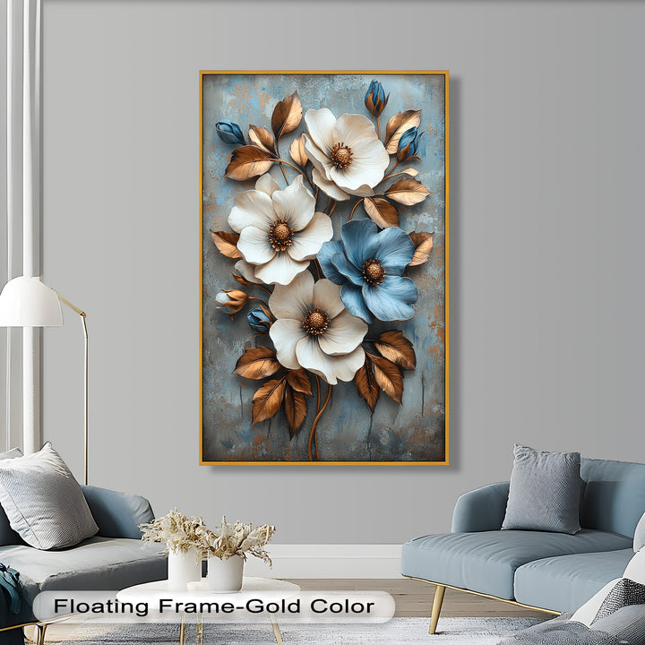 Gilded Petals – Luxuriöses Ölgemälde mit weißen und blauen Blumen
