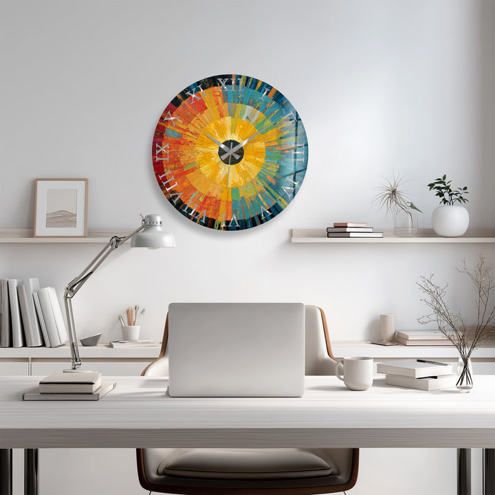 Abstract Sunburst Glass Wall Clock – Colorful Modern Art