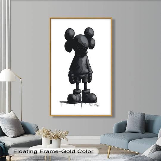 The rounded shapes of the KAWS figure present soft, organic forms in this stark black and white oil painting home decor, contrasting with its bold, graphic nature.