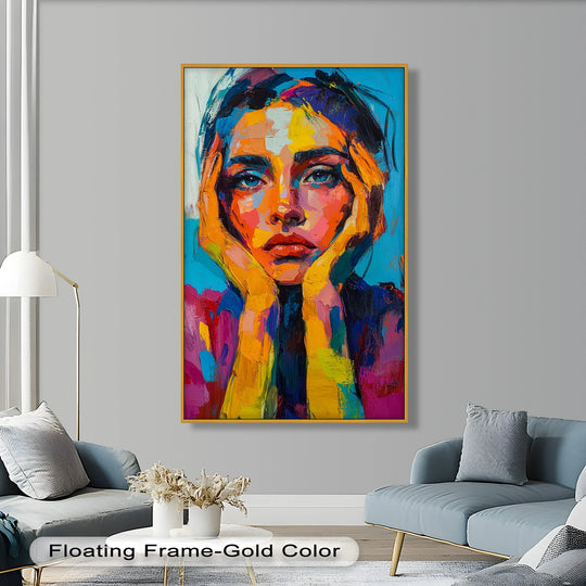 Intense color saturation brings this modern oil painting wall art of a colored woman to life, showcasing bold hues and emotional depth.