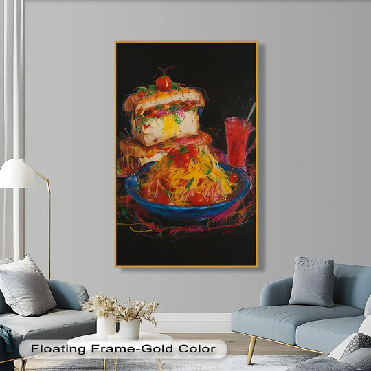Vibrant and lively, the mood of this food painting is reflected in the bright strokes of the oil painting artwork that capture a gourmet sandwich and pasta.