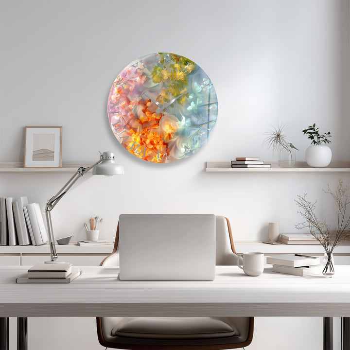 Pastel Floral Glass Wall Clock – Dreamy Botanical Decor