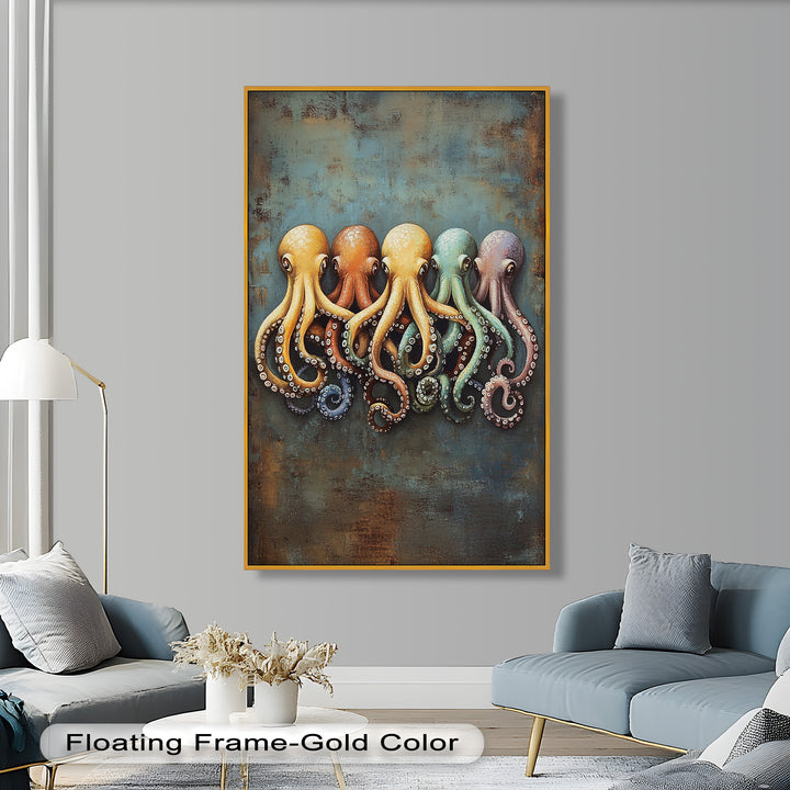 Whimsical Row of Octopuses – Colorful Sea Life Animal Oil Painting