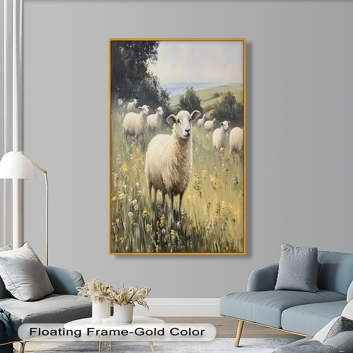 Sheep in Spring Meadow – Pastoral Oil Painting
