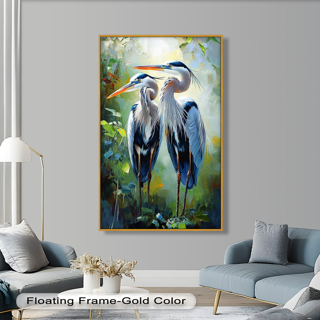 Pair of Herons in Forest Light – Animal Oil Painting