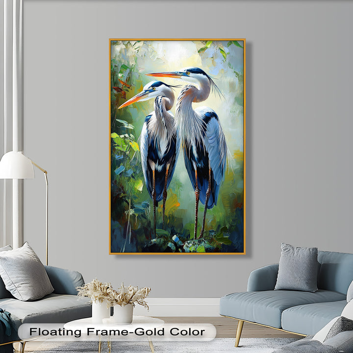 Pair of Herons in Forest Light – Animal Oil Painting