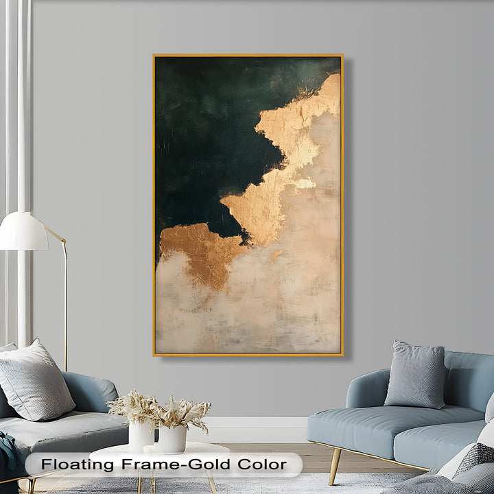 Golden Drift – Minimalistisches abstraktes Ölgemälde in Gold und Dunkelgrün