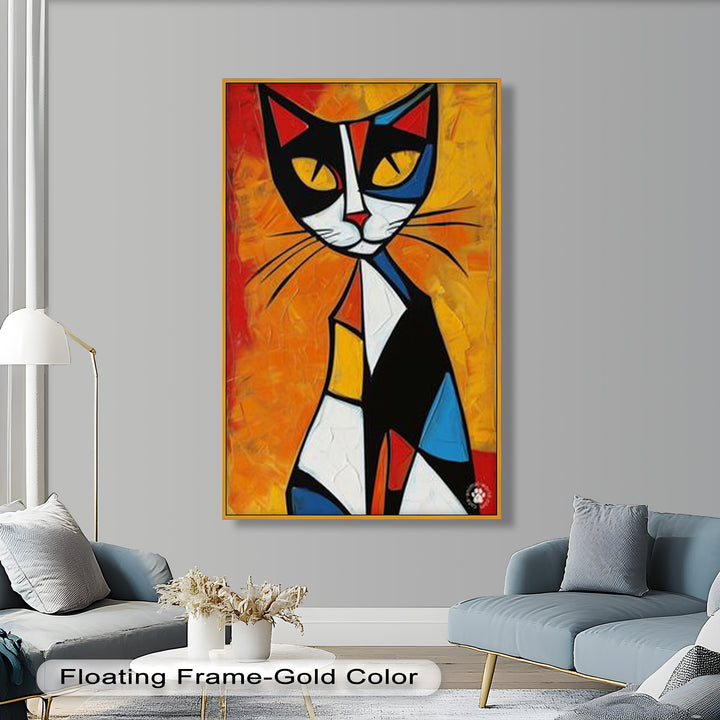 Geometrische Katze in kräftigen Farben – Picasso-Ölgemälde