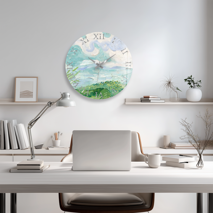 Pastellfarbene Küstenwanduhr aus Glas – abstrakte Meereslandschaftskunst