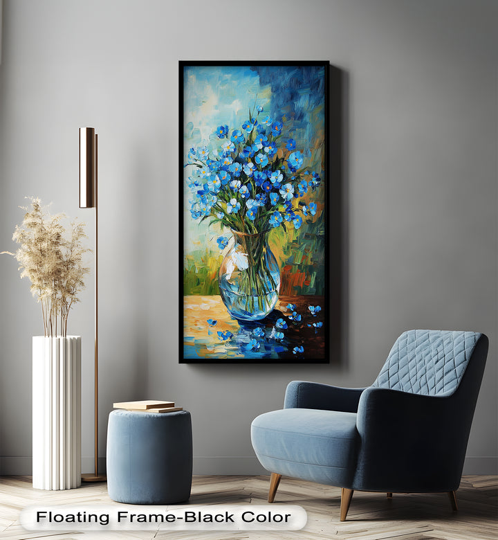 A vibrant still life painting of delicate blue flowers in a clear round vase, set against a colorful, textured background.