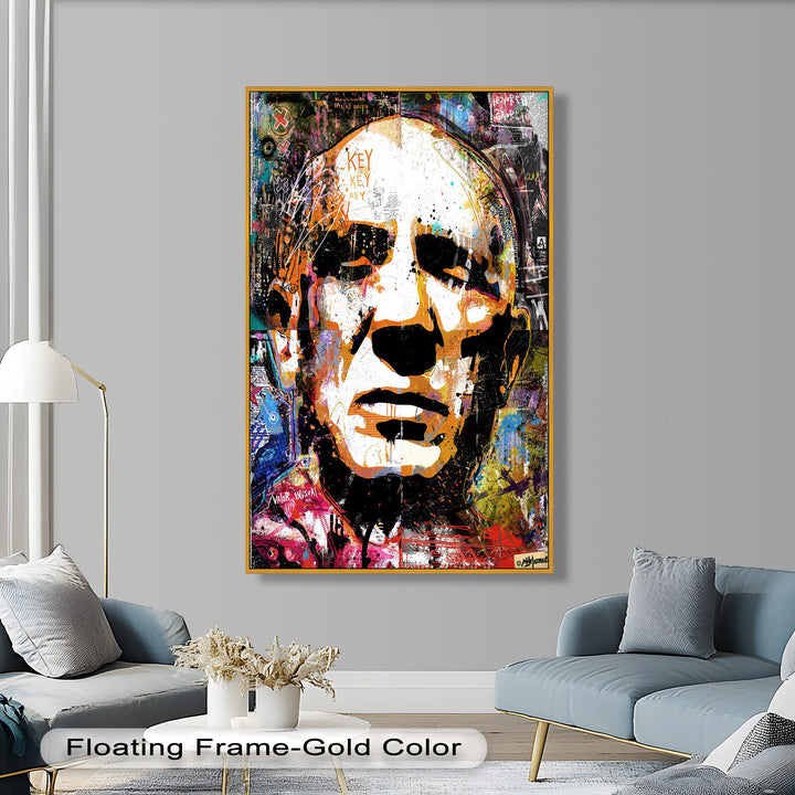 An edgy and emotionally charged portrait combining realism and graffiti art, filled with texture, color, and symbolic scribbles.