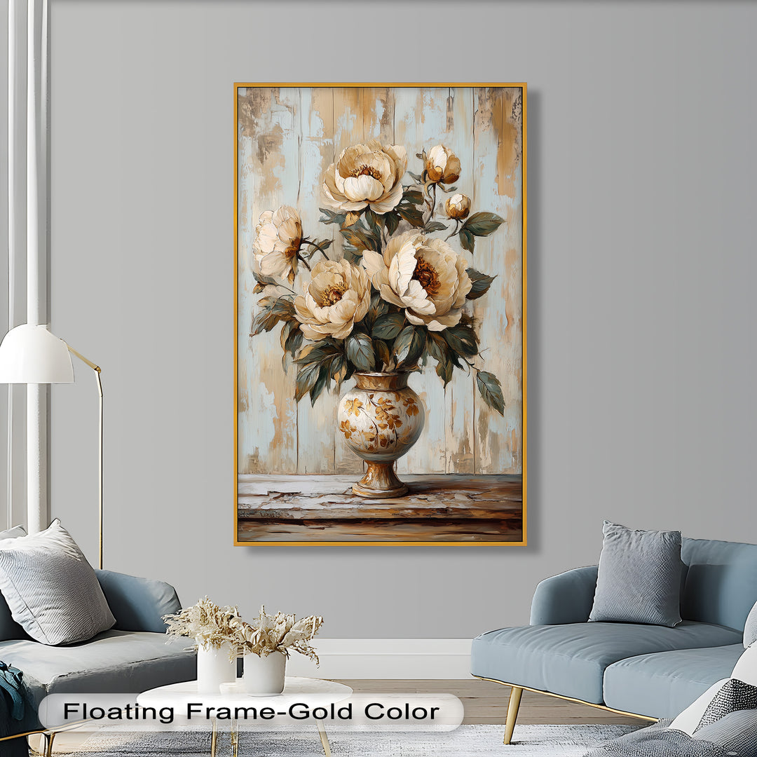 Cremefarbene Pfingstrosen in verzierter Vase - Blumenölgemälde