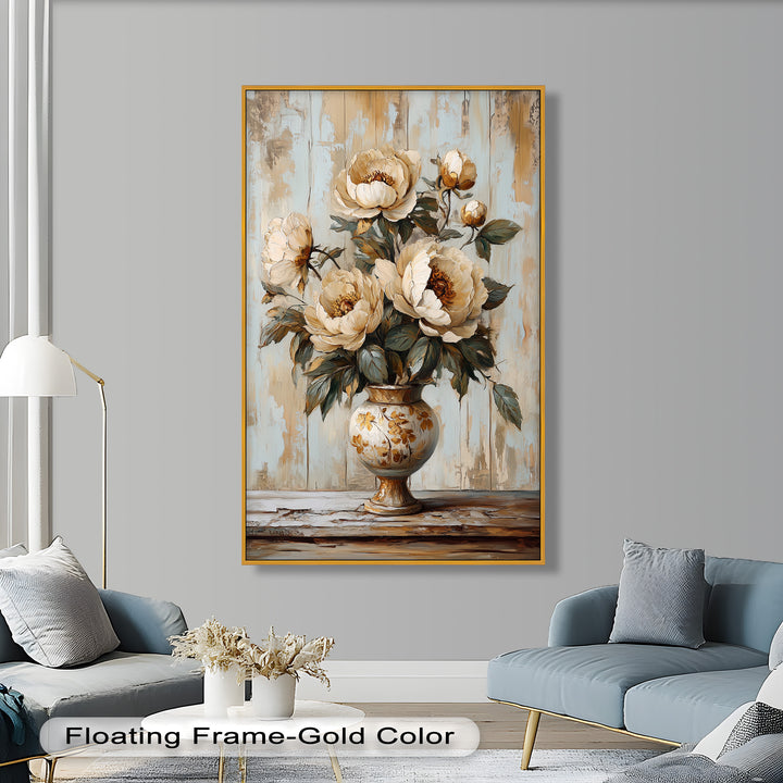 Cremefarbene Pfingstrosen in verzierter Vase - Blumenölgemälde