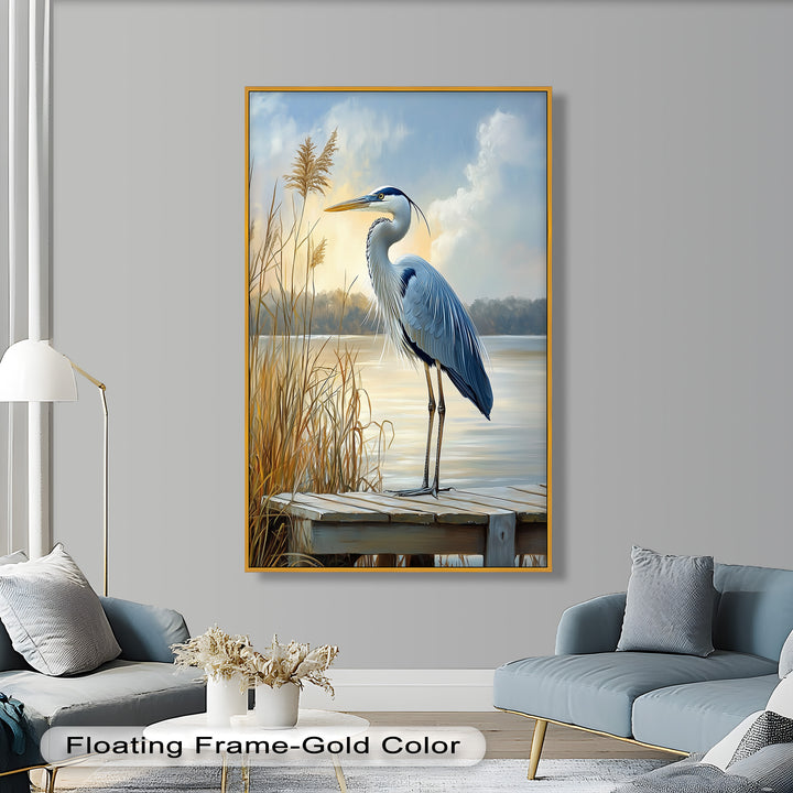 Majestic Heron in Misty Marshland - Animal Oil Painting