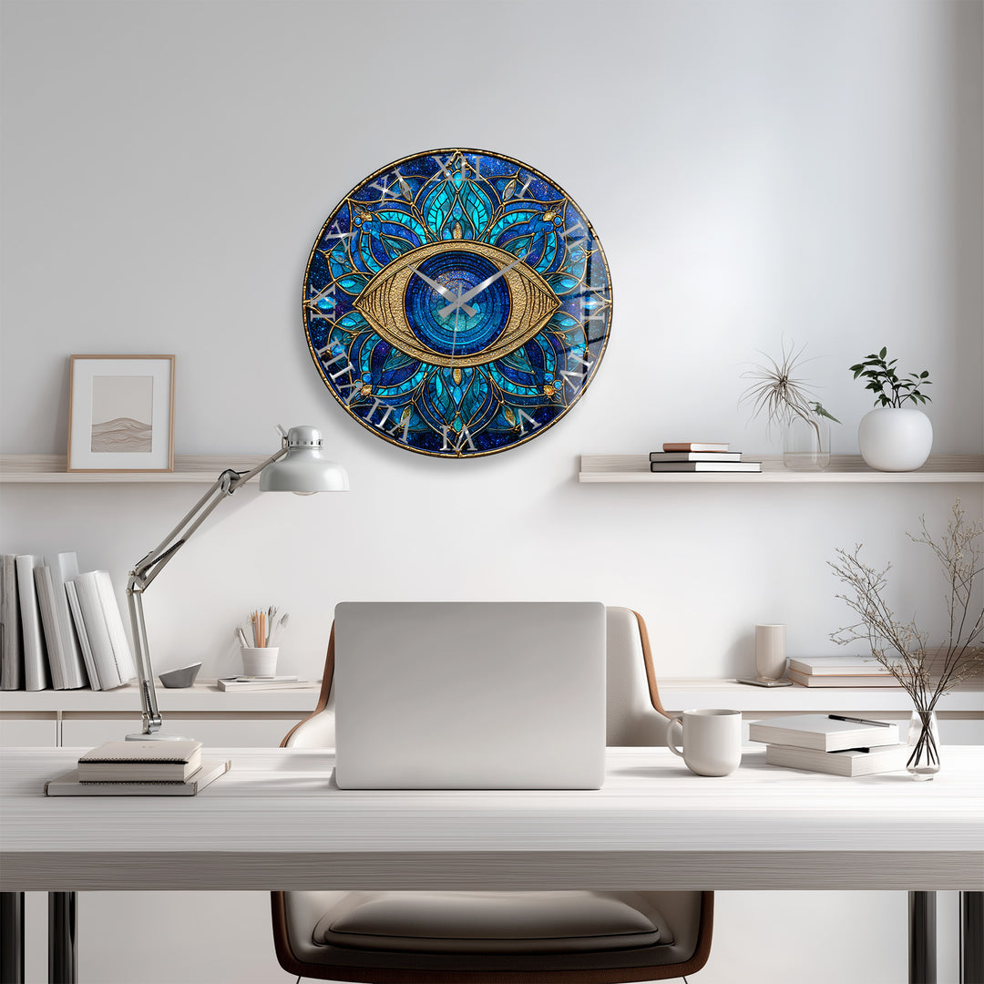 Evil Eye Glass Wall Clock – Blue Mandala Wall Decor