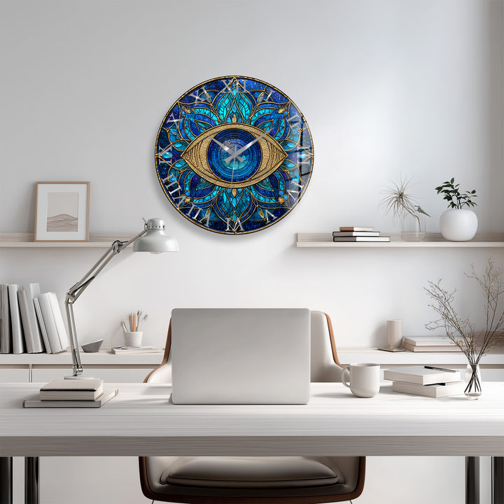 Evil Eye Glass Wall Clock – Blue Mandala Wall Decor