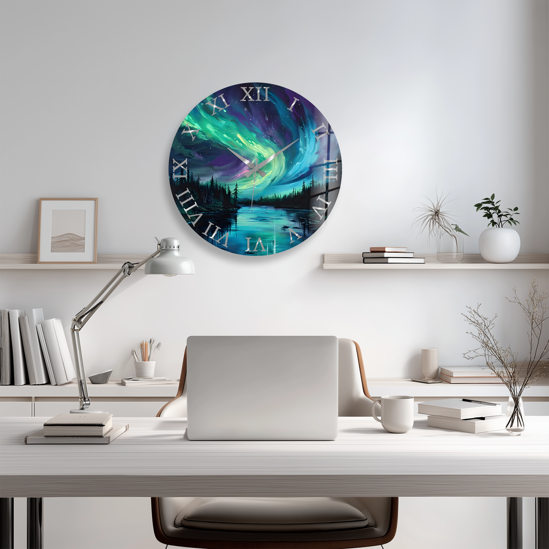 Northern Lights Glass Wall Clock – Aurora Borealis Decor