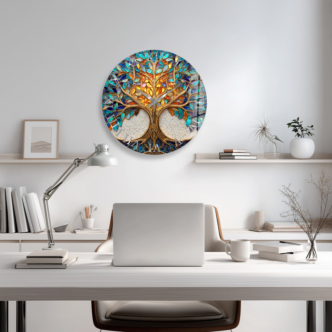 Tree of Life Glass Wall Clock – Blue and Gold Mosaic Decor