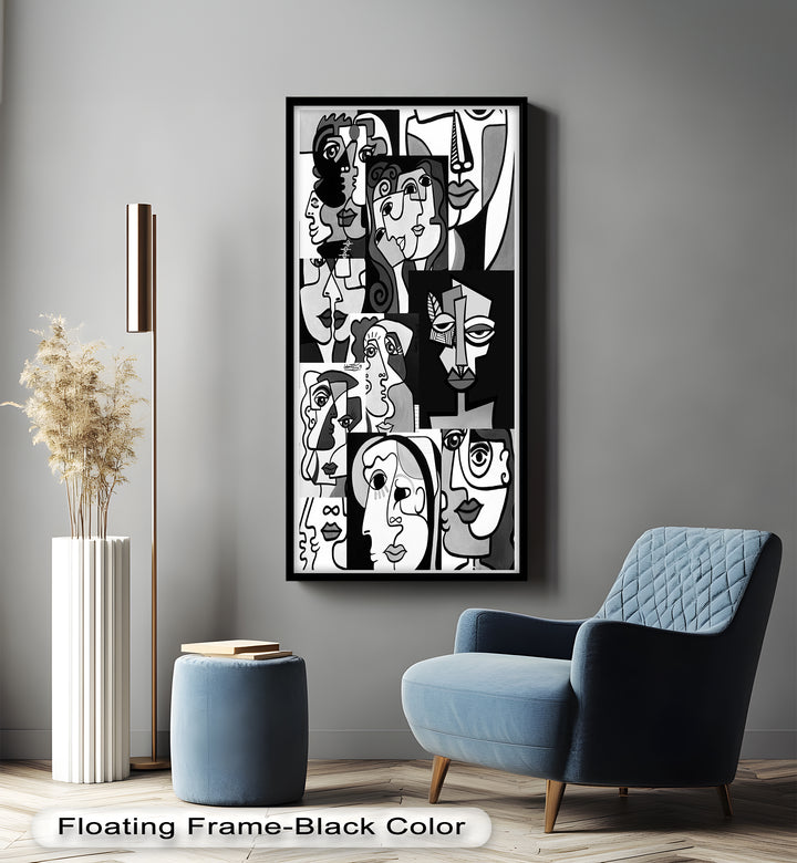 Monochrome Whispers – Collage of Cubist Faces Abstract Oil Painting