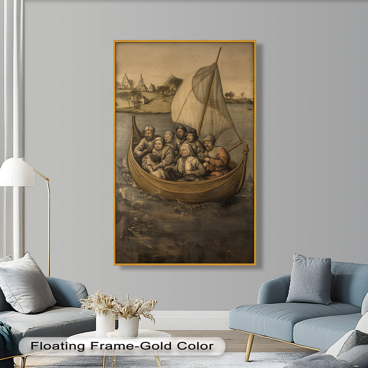 Medieval Sailors in Wooden Vessel - Historic Oil Painting