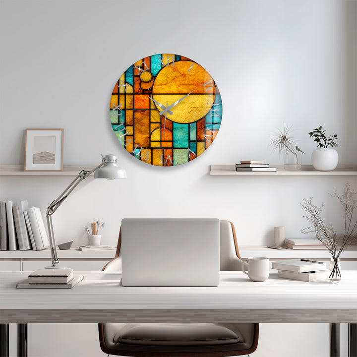 Orangefarbene und blaugrüne Glaswanduhr – geometrische Retro-Sonnenkunst