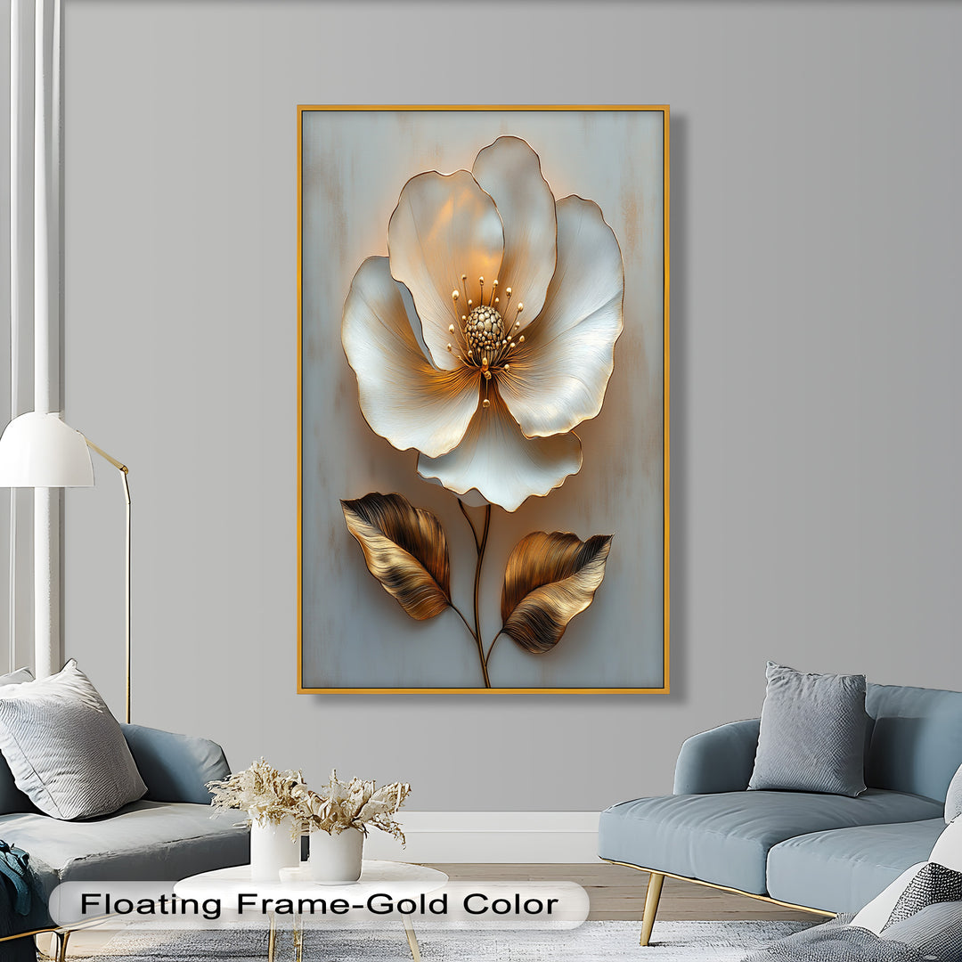 Golden Glow Bloom – White and Gold Flower Oil Painting