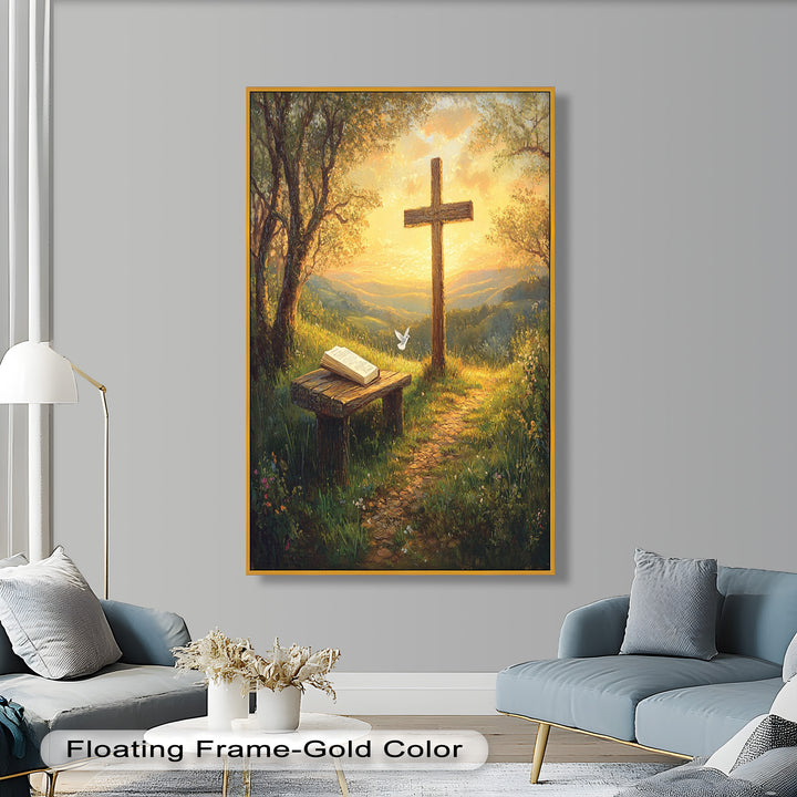 Pfad des Glaubens – Christliches Kreuz und Bibel-Ölgemälde