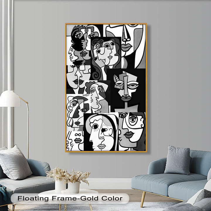 Monochrome Muse – Picasso-inspiriertes Ölgemälde mit kubistischen Gesichtern