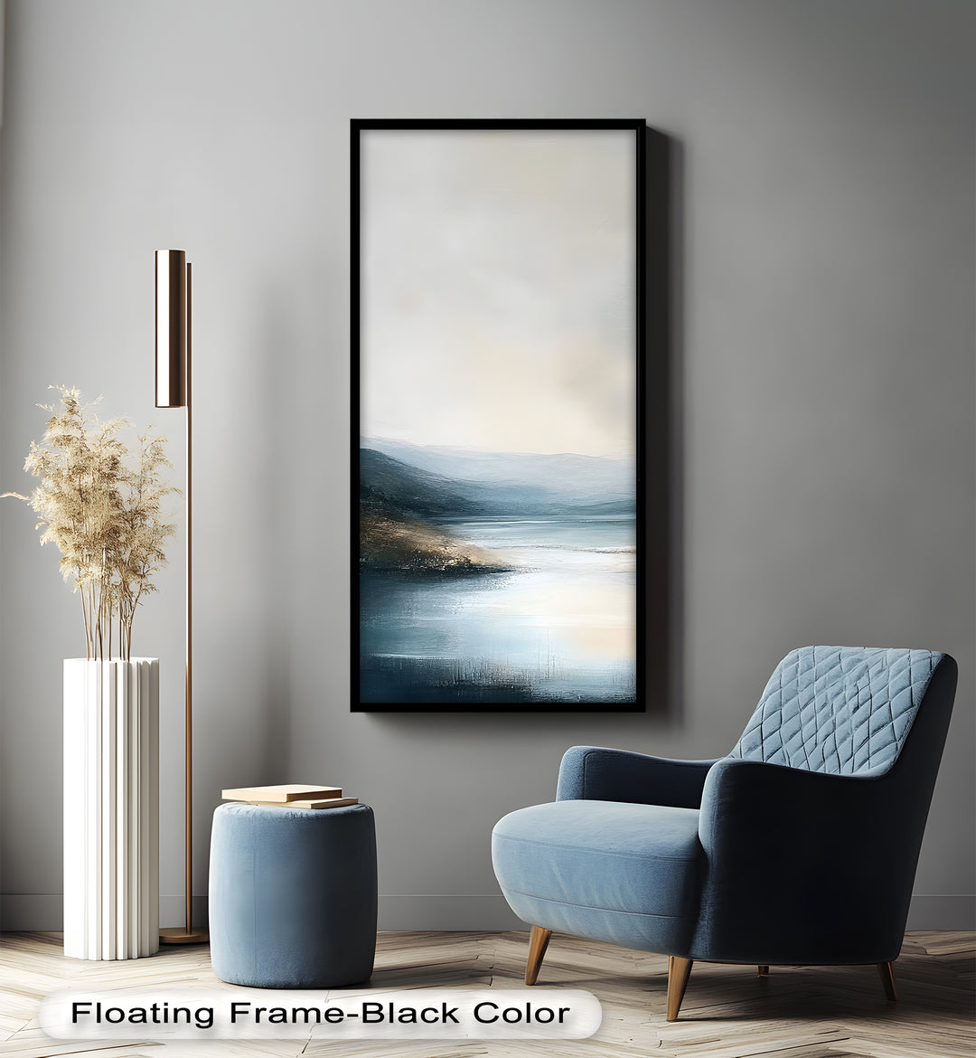 This minimalist landscape painting features a tranquil lake reflecting soft light beneath a hazy sky, surrounded by gentle, rolling hills.