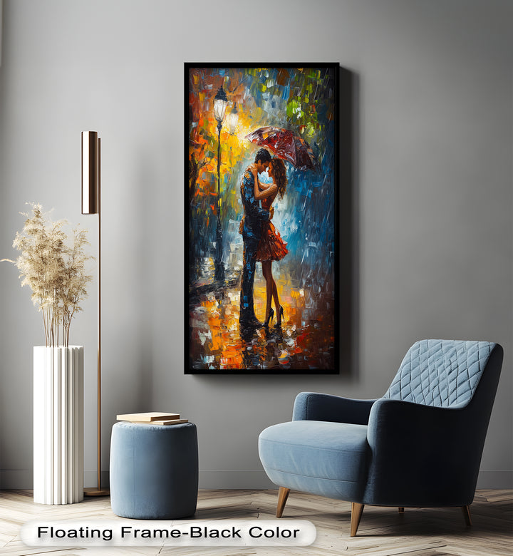 Embrace in Autumn Rain – Passionate Love Oil Painting