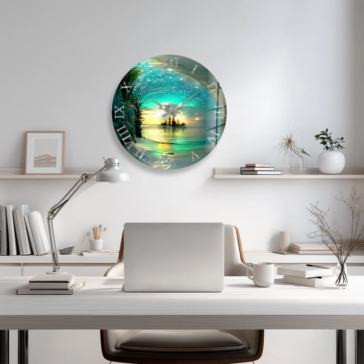 Enchanted Lake Glass Wall Clock – Turquoise Fantasy Landscape