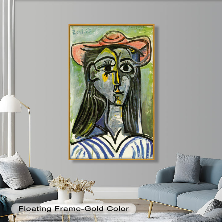 Striped Muse in Pink Hat – Picasso Oil Painting