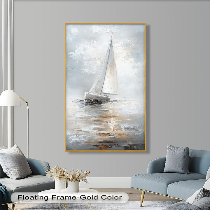 Sailing Through the Mist – White Boat Oil Painting