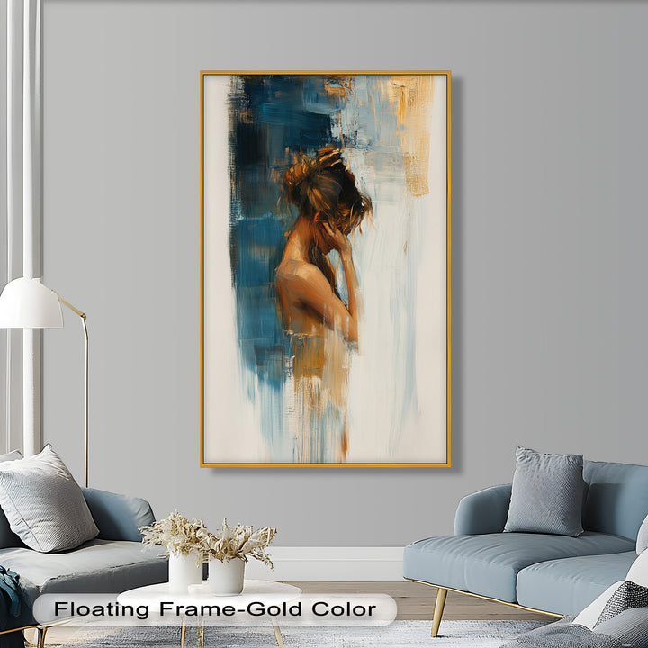 Veil of Thought – Introspective Woman in Blue and Gold Abstract Oil Painting