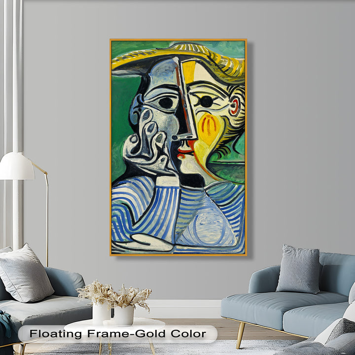 Nachdenklicher Blick – Gestreifte Frau mit Sonnenhut Picasso Ölgemälde