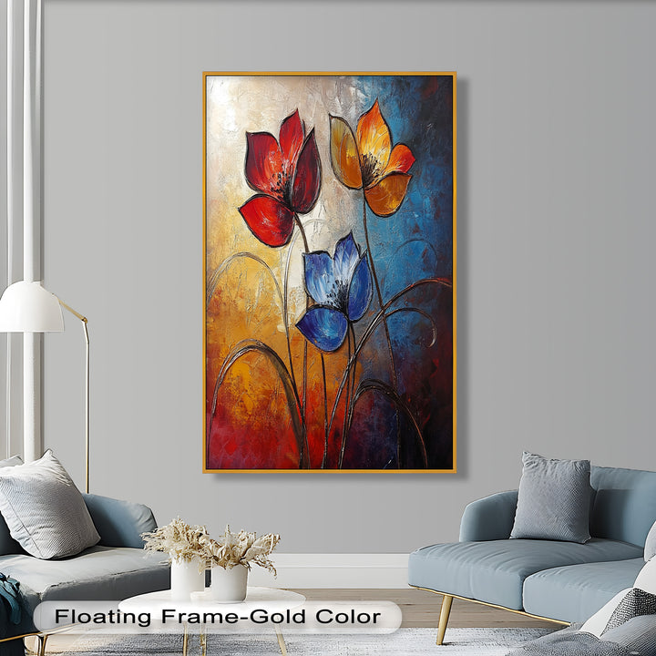 Eternal Bloom – Red, Yellow, and Blue Floral Oil Painting