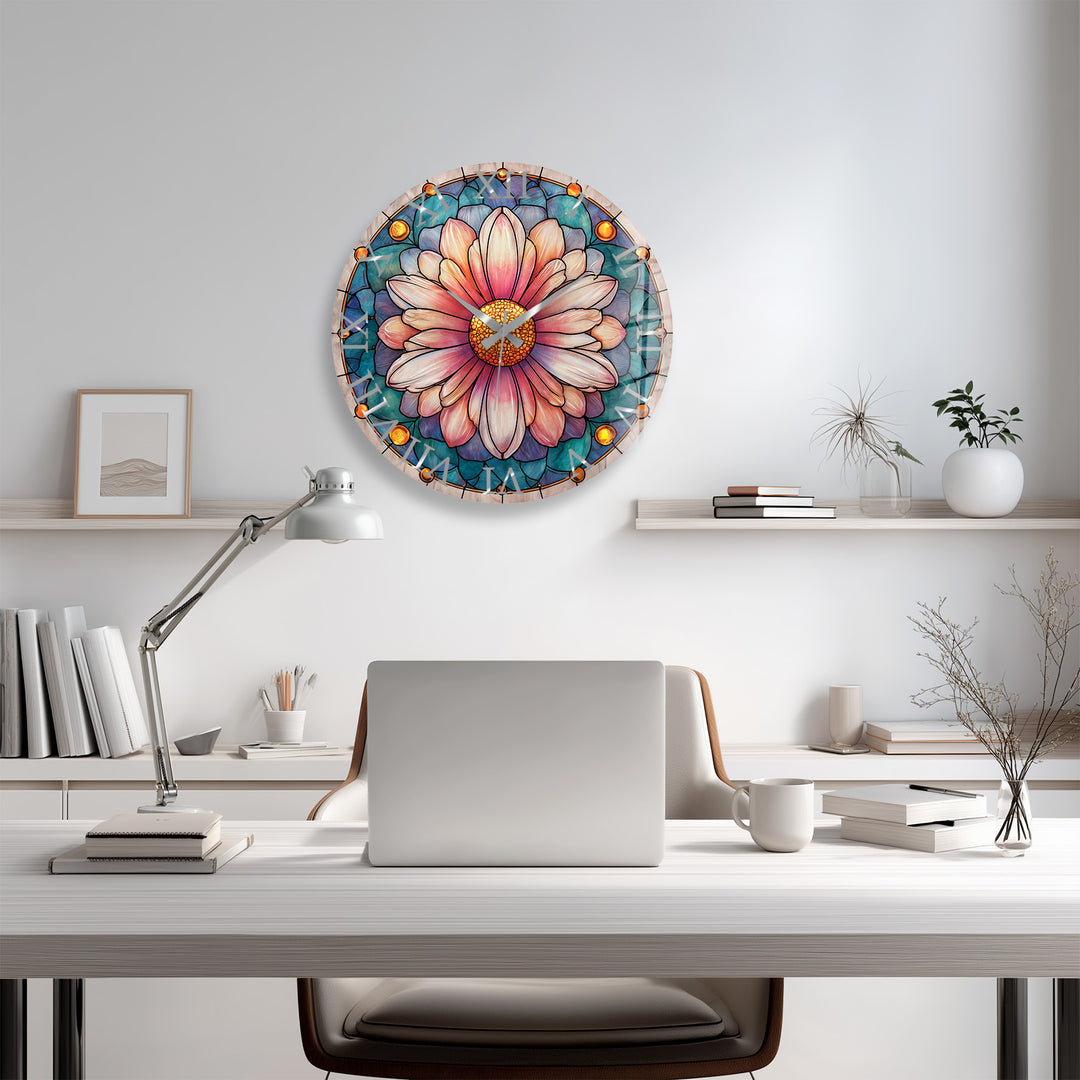 Rosa florale Glas-Wanduhr – Dekor im Buntglas-Stil