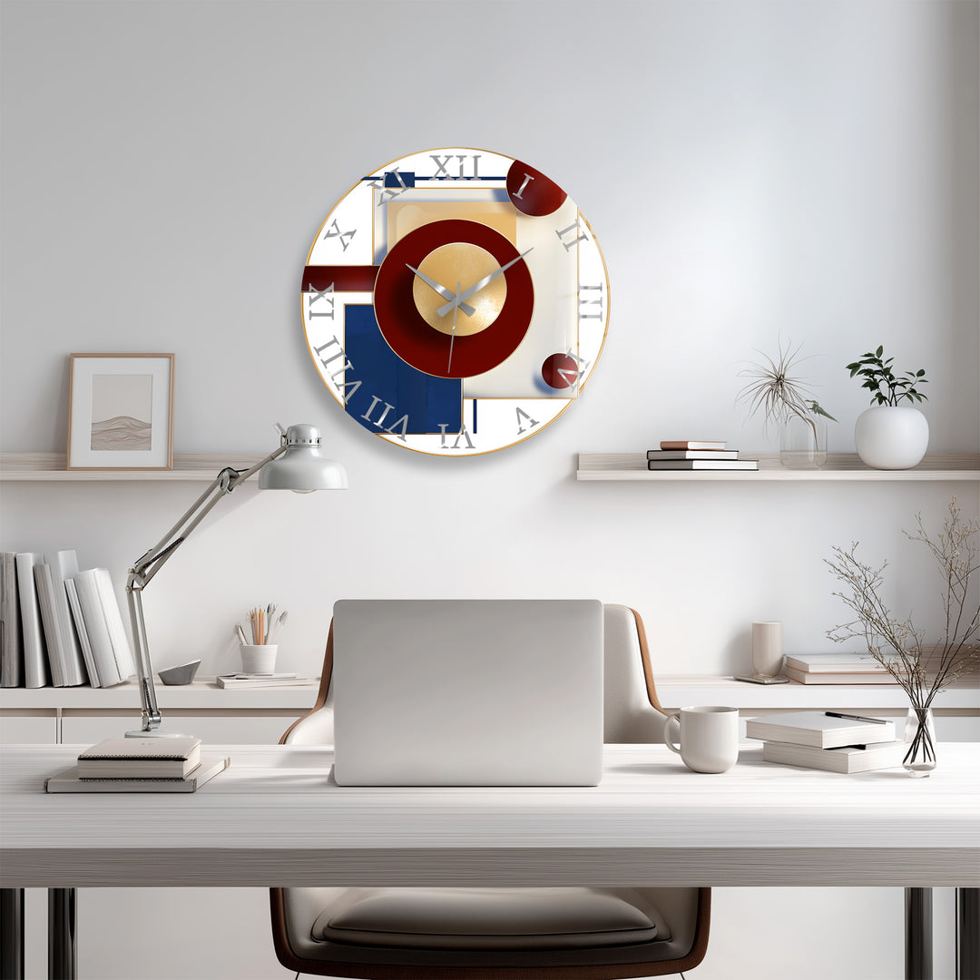 Burgundy and Navy Glass Wall Clock – Modern Geometric Gold Art
