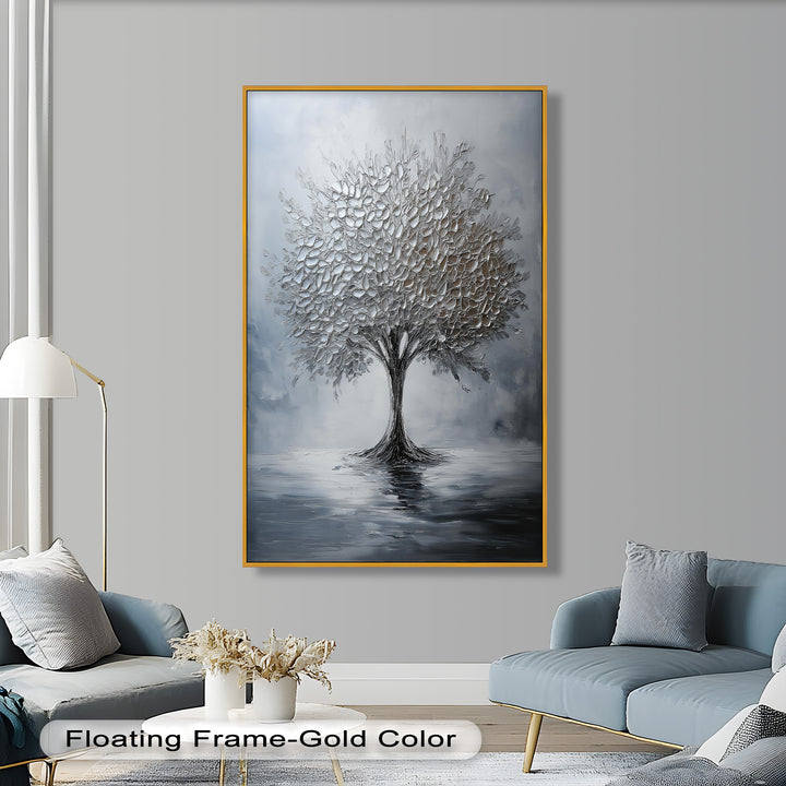 Silver Stillness – Tree in Monochrome Abstract Oil Painting