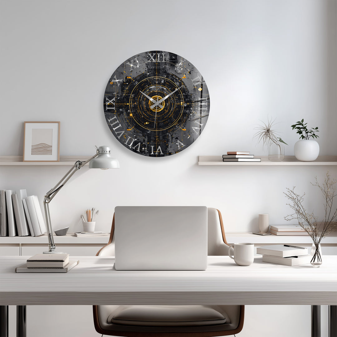 Industrial Abstract Glass Wall Clock – Black and Gold Tech Art