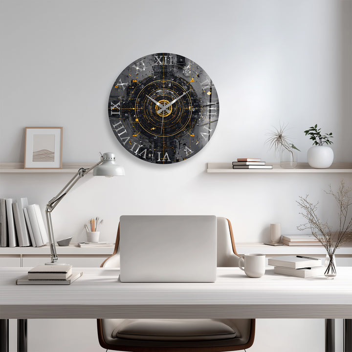 Industrial Abstract Glass Wall Clock – Black and Gold Tech Art