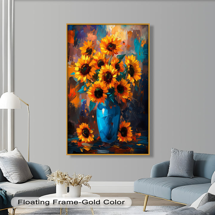 Sunlit Joy – Bold Sunflowers in Blue Vase Oil Painting