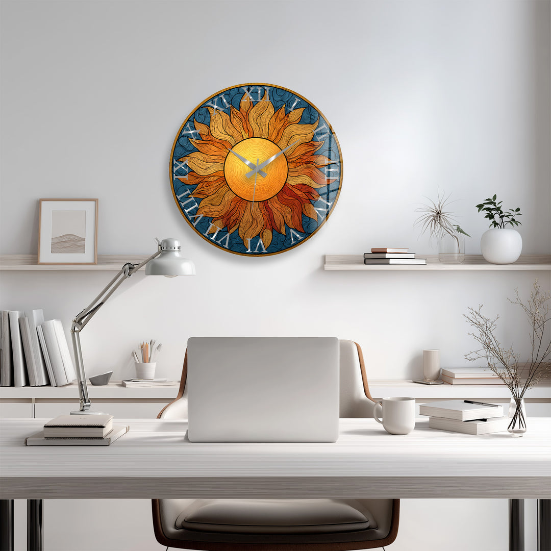 Boho Sun Glass Wall Clock – Golden Sunburst Decor