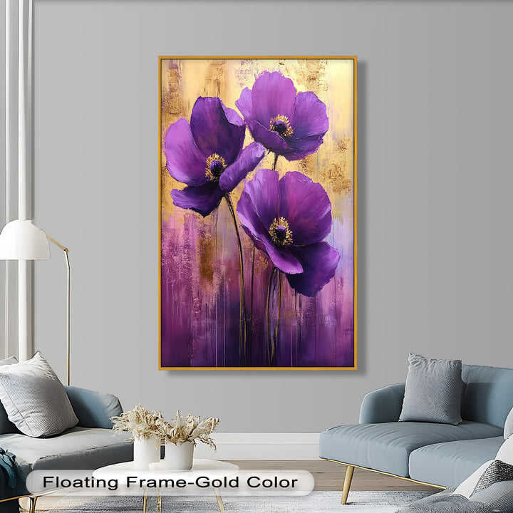 Velvet Blossoms – Purple Floral Elegance with Gold Flower Oil Painting