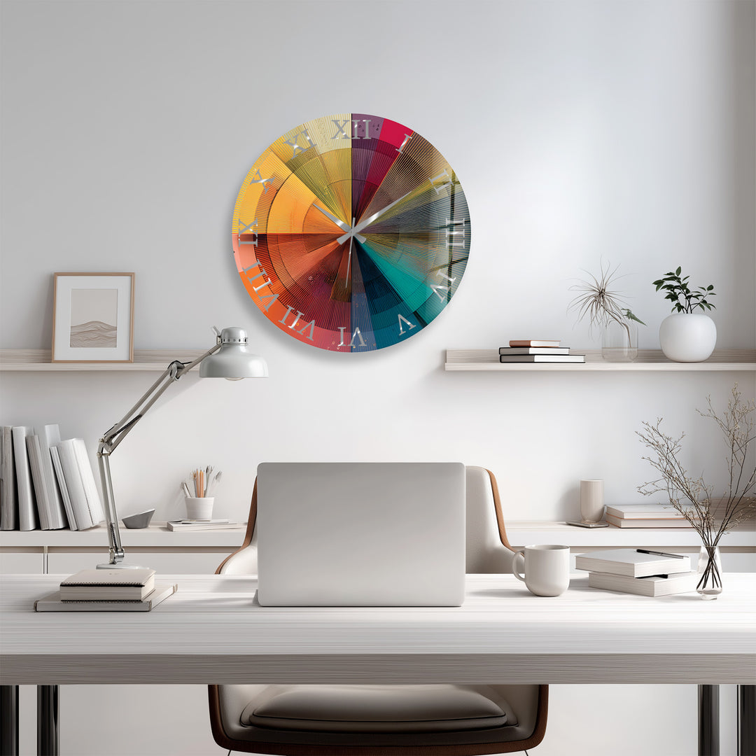 Colorful Geometric Glass Wall Clock – Retro Radial Art