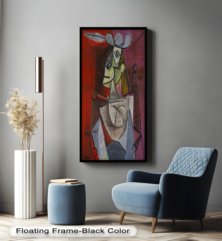 Bold in Crimson – Woman with Feather Hat Abstract Oil Painting