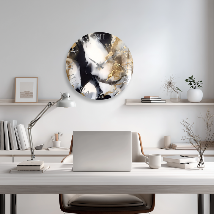 Black and Gold Marble Glass Wall Clock – Abstract Luxury Decor